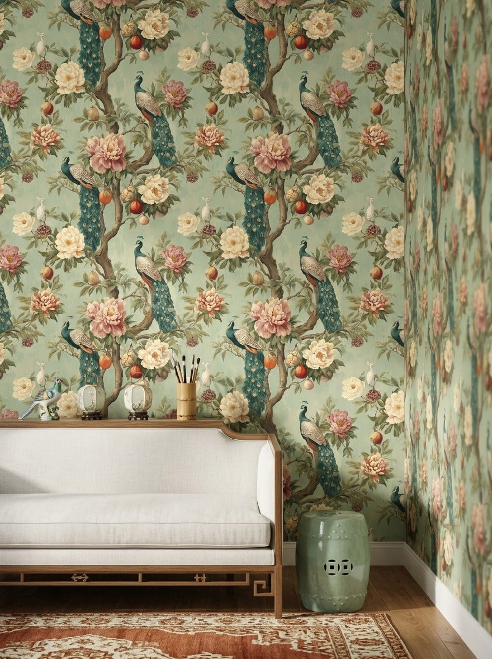 Peacock Wallpaper Floral Removable Peonies Wall Decor