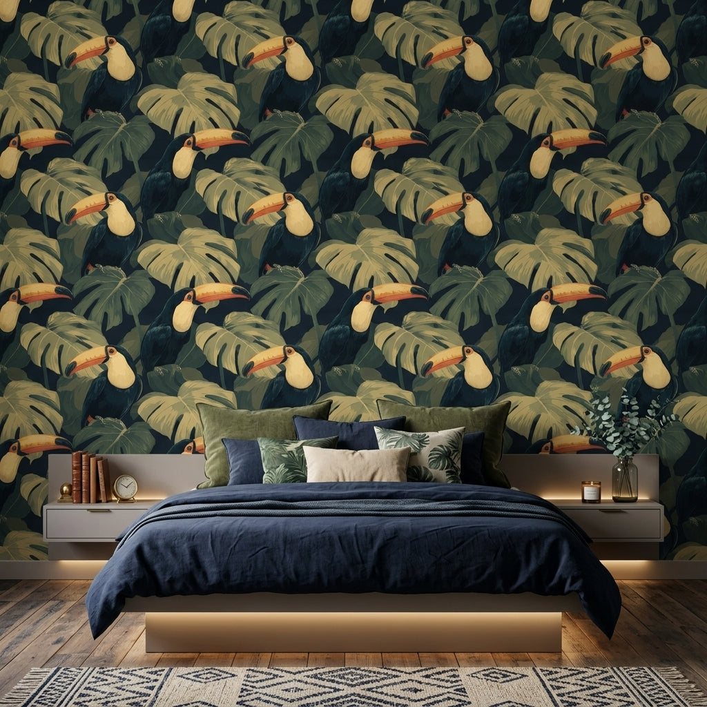 Dark Tropical Wallpaper Toucan Jungle Leaves Removable Wall Decor