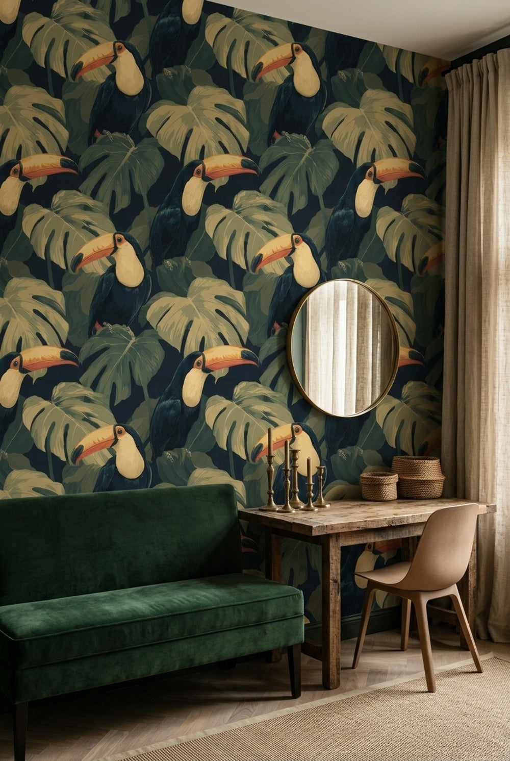 Dark Tropical Wallpaper Toucan Jungle Leaves Removable Wall Decor