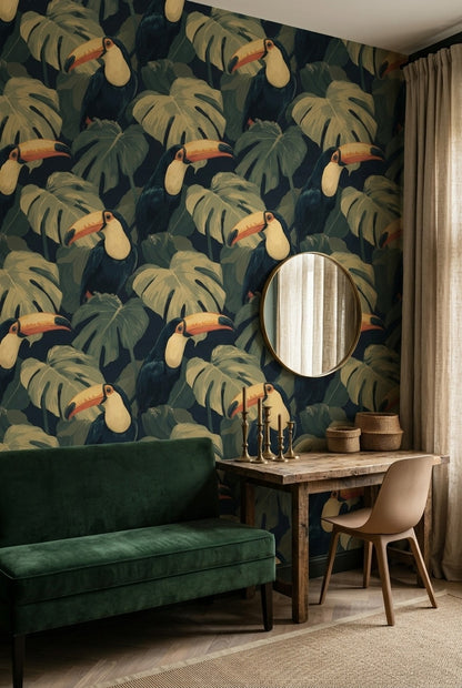 Dark Tropical Wallpaper Toucan Jungle Leaves Removable Wall Decor