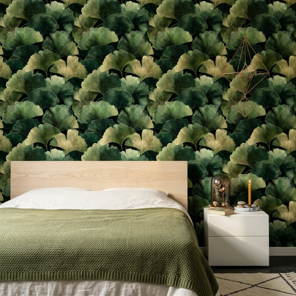 Dark Botanical Wallpaper Ginkgo Leaves Green Foliage Removable Wall Decor