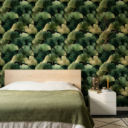 Dark Botanical Wallpaper Ginkgo Leaves Green Foliage Removable Wall Decor