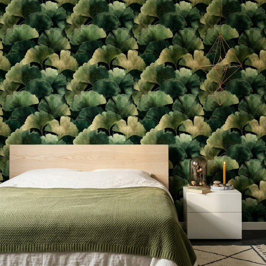 Dark Botanical Wallpaper Ginkgo Leaves Green Foliage Removable Wall Decor