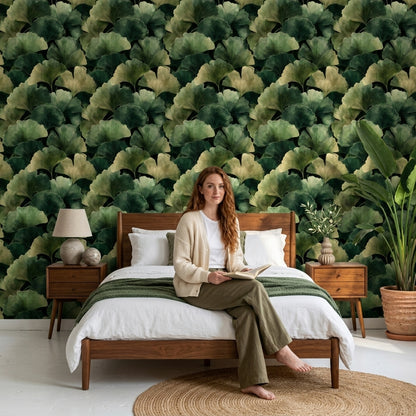 Dark Botanical Wallpaper Ginkgo Leaves Green Foliage Removable Wall Decor