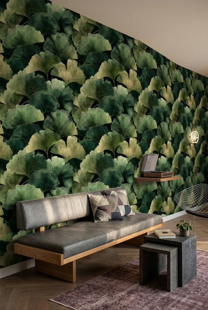 Dark Botanical Wallpaper Ginkgo Leaves Green Foliage Removable Wall Decor