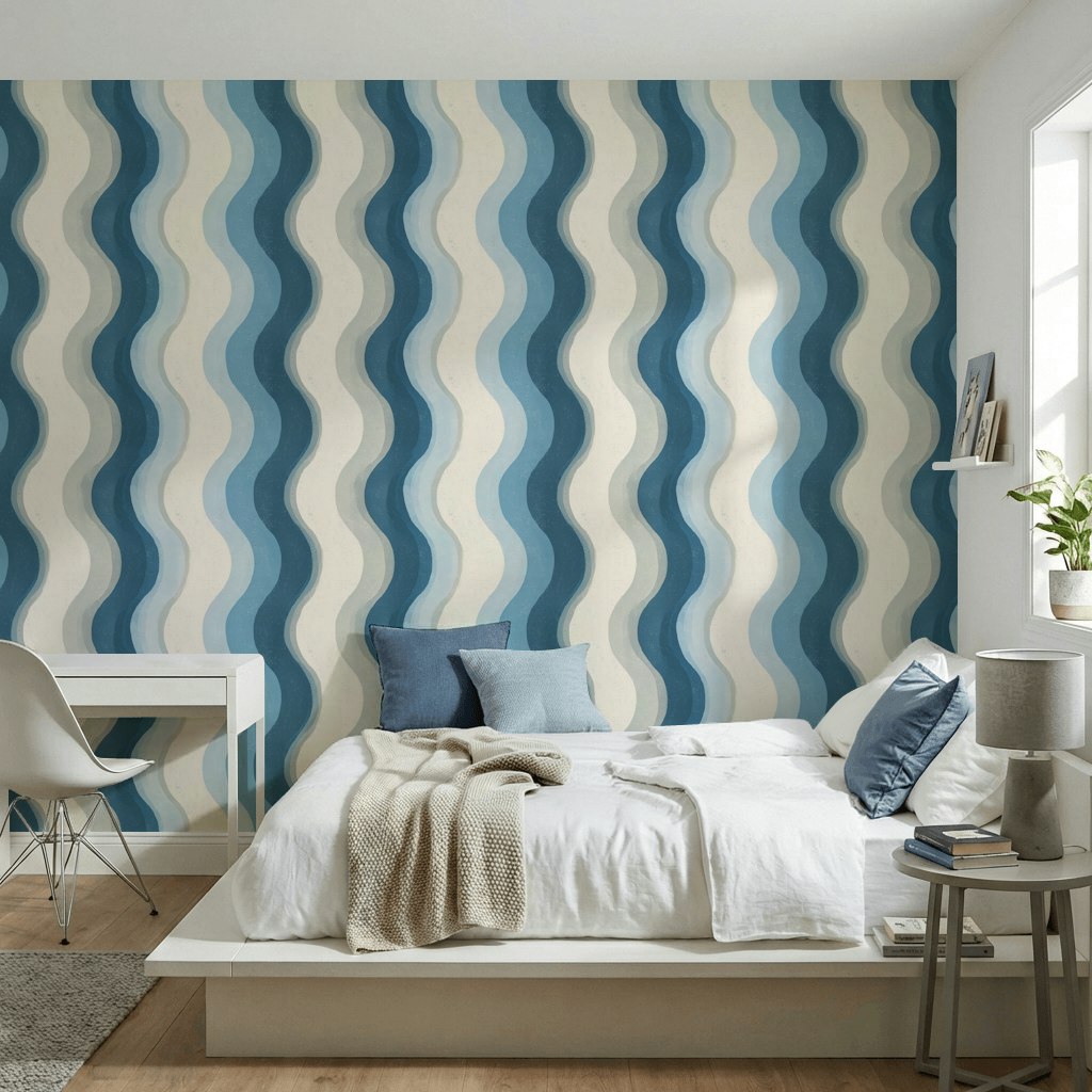 Abstract Wavy Stripes Wallpaper Blue And Cream Coastal Removable Wall Decor