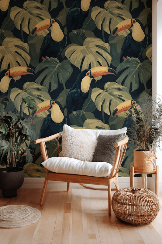 Dark Tropical Wallpaper Toucan Jungle Leaves Removable Wall Decor