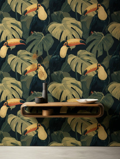 Dark Tropical Wallpaper Toucan Jungle Leaves Removable Wall Decor