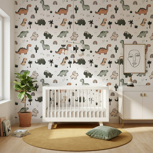 White Background Wallpaper Dino Print Kids Room Removable Wall Decor