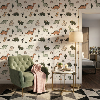 White Background Wallpaper Dino Print Kids Room Removable Wall Decor