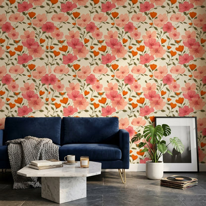 Floral Wallpaper Botanical Removable Pink Blossoms Wall Decor