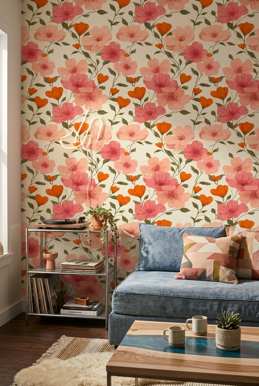 Floral Wallpaper Botanical Removable Pink Blossoms Wall Decor