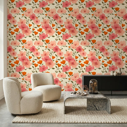 Floral Wallpaper Botanical Removable Pink Blossoms Wall Decor