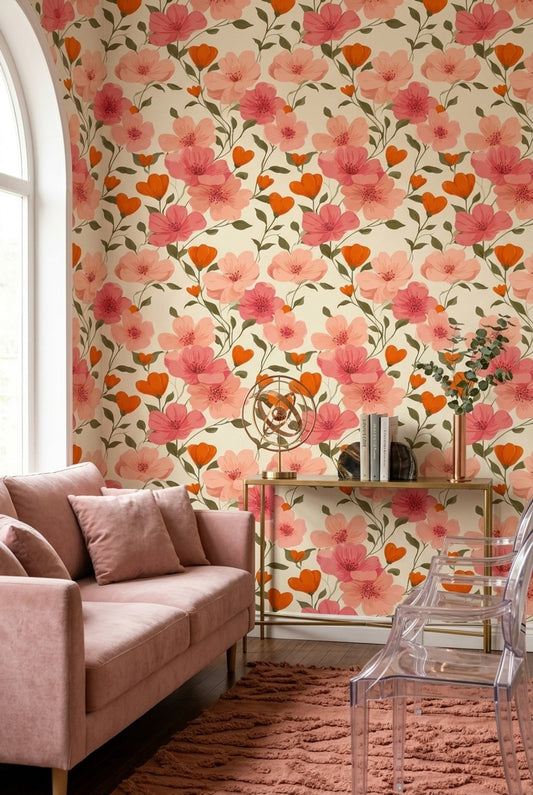 Floral Wallpaper Botanical Removable Pink Blossoms Wall Double Roll