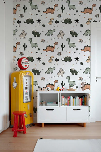 White Background Wallpaper Dino Print Kids Room Removable Wall Decor