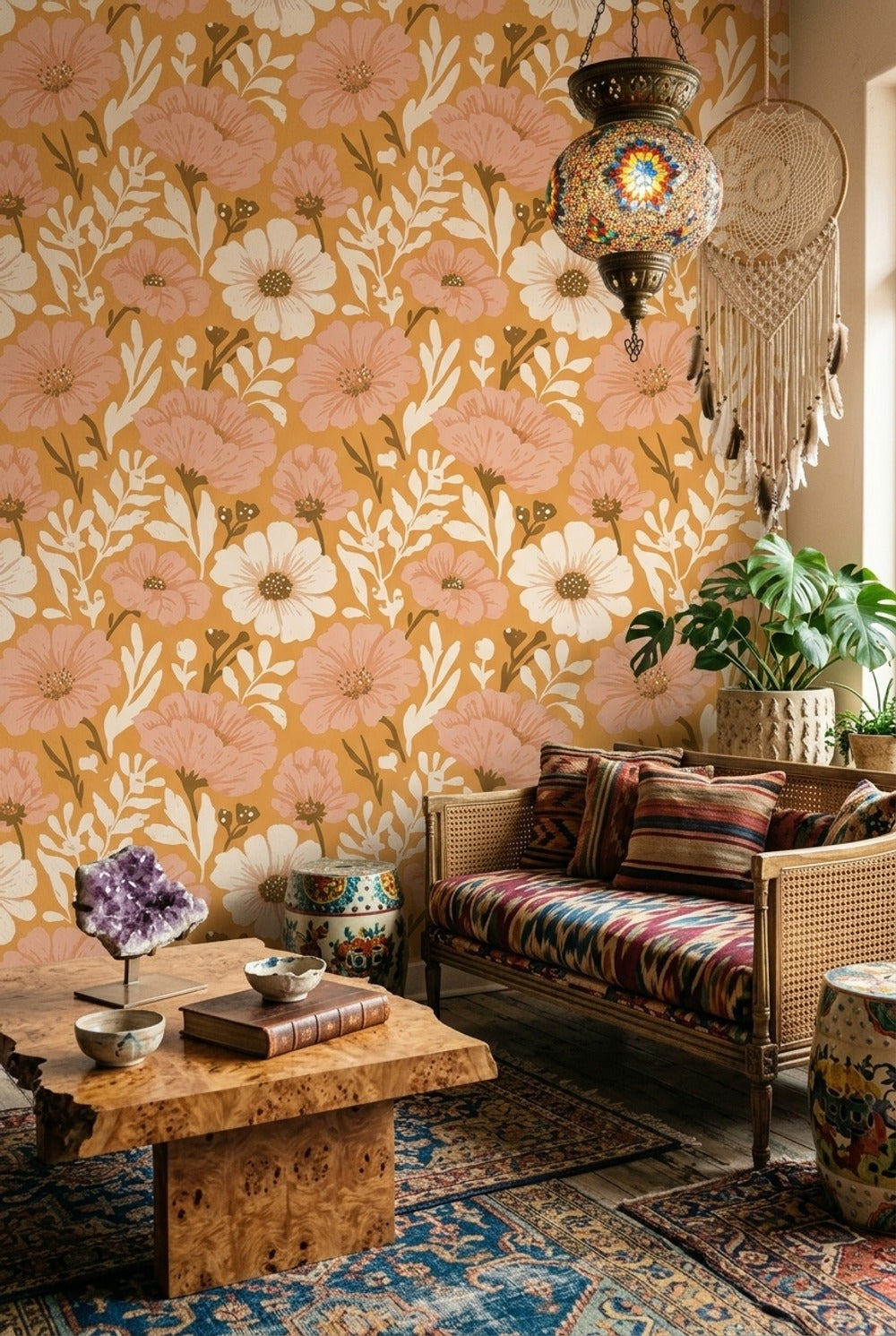 Floral Wallpaper Botanical Ochre Background Decorative Mural