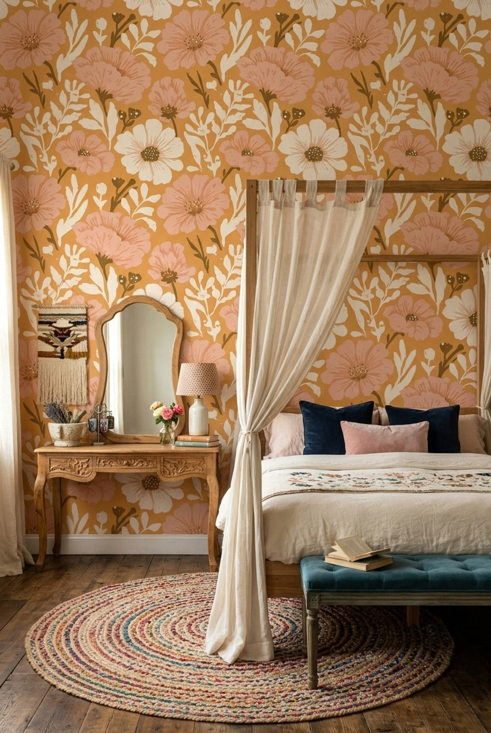 Floral Wallpaper Botanical Ochre Background Decorative Mural