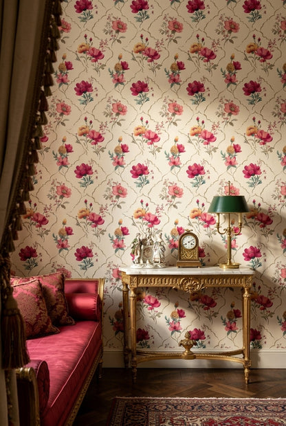 Watercolor Floral Wallpaper Pink Peonies Removable Gold Trellis Wall Decor