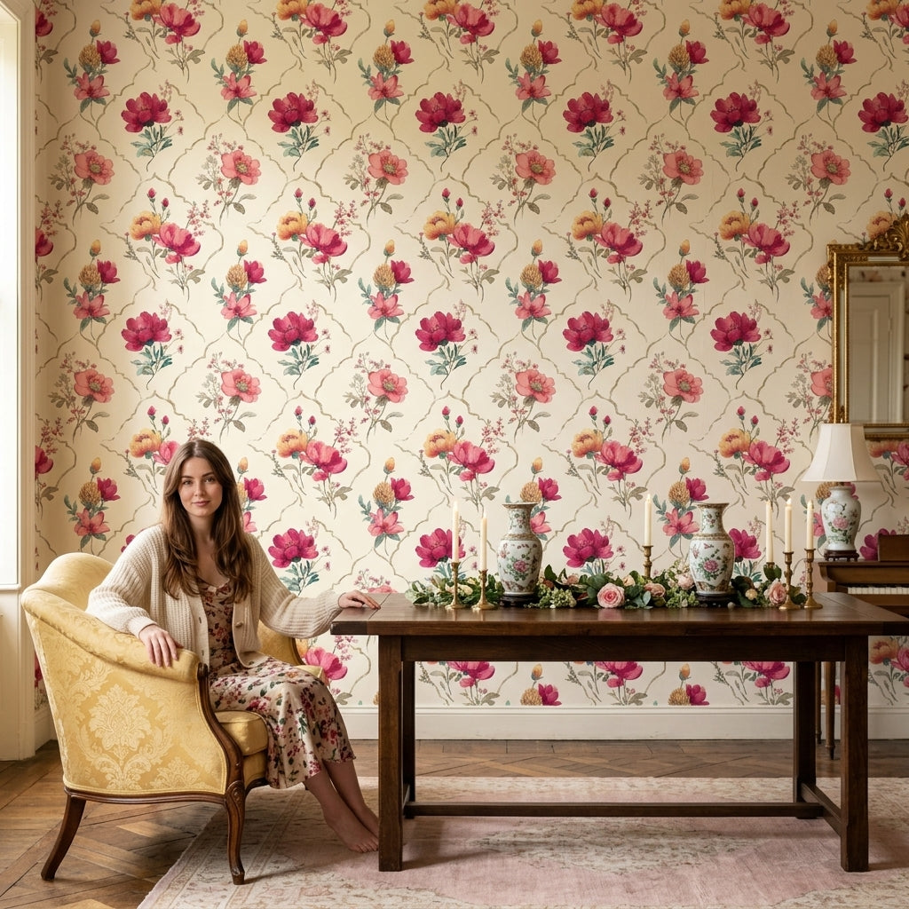 Watercolor Floral Wallpaper Pink Peonies Removable Gold Trellis Wall Decor