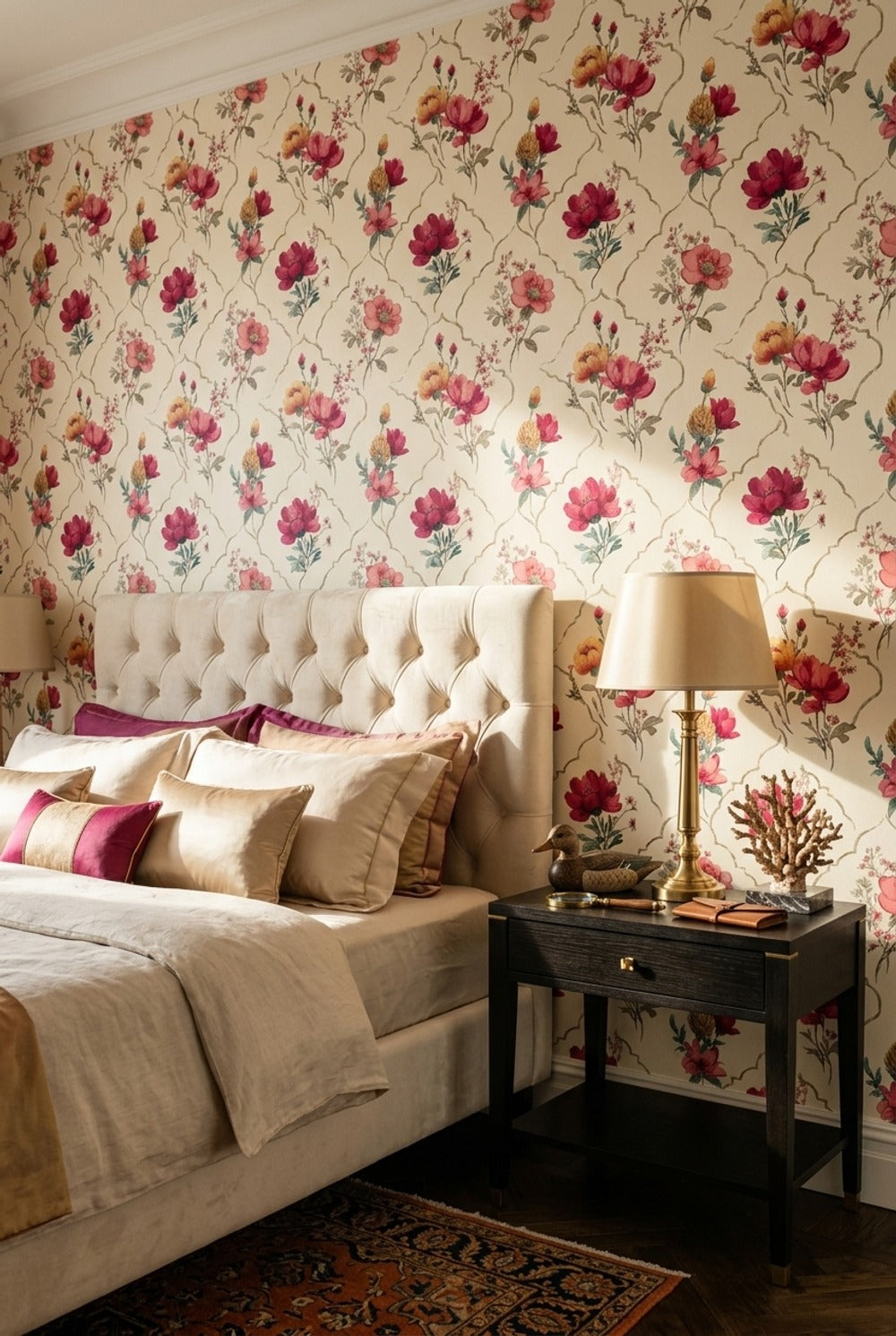 Watercolor Floral Wallpaper Pink Peonies Removable Gold Trellis Wall Decor