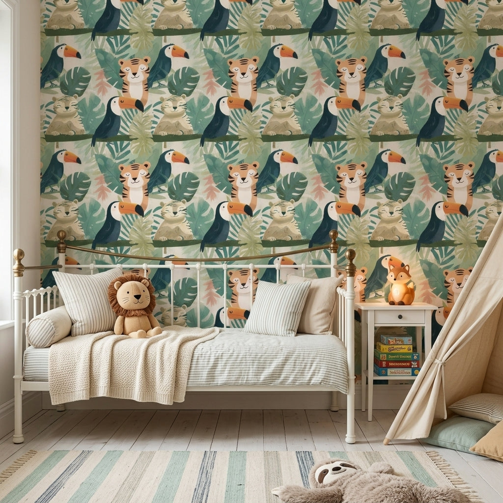 Tropical Jungle Wallpaper Green Foliage Toucan Removable Wall Decor