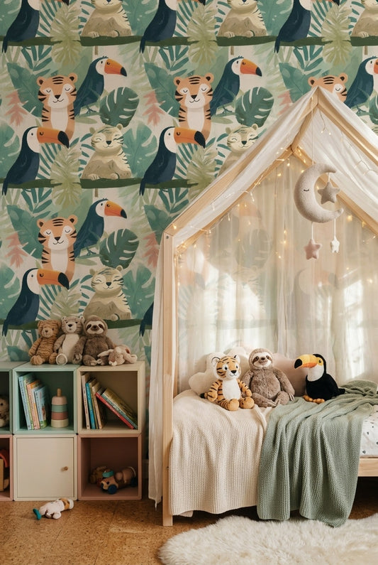 Tropical Jungle Wallpaper Green Foliage Toucan Removable Wall Decor