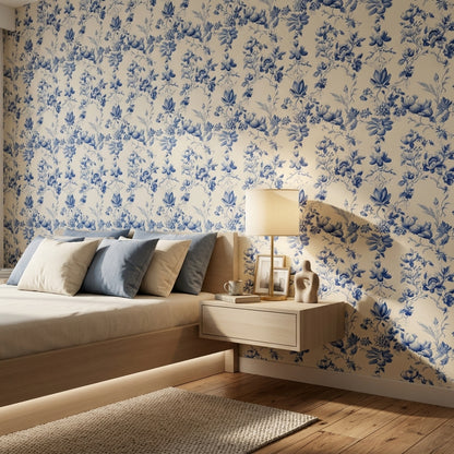 Toile Floral Wallpaper Blue And White Removable Vintage Botanical Wall Decor