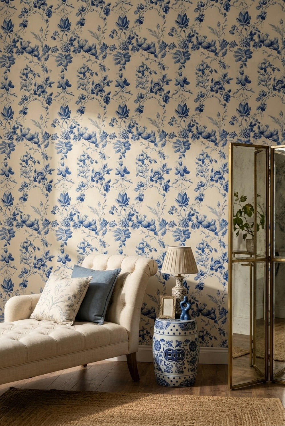 Toile Floral Wallpaper Blue And White Removable Vintage Botanical Wall Decor