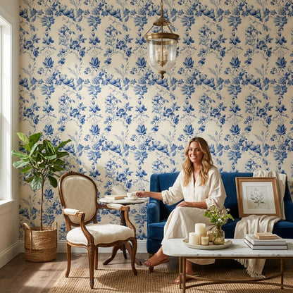 Toile Floral Wallpaper Blue And White Removable Vintage Botanical Wall Decor