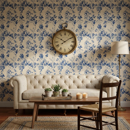 Toile Floral Wallpaper Blue And White Removable Vintage Botanical Wall Decor