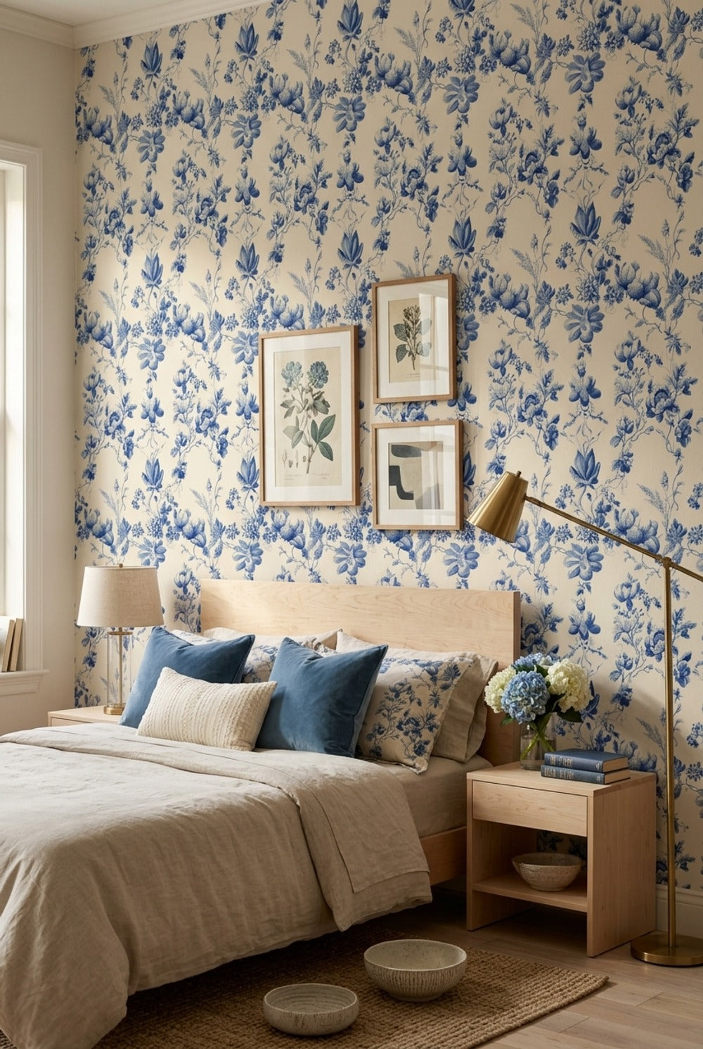 Toile Floral Wallpaper Blue And White Removable Vintage Botanical Wall Decor