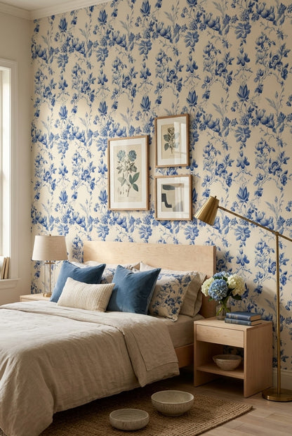 Toile Floral Wallpaper Blue And White Removable Vintage Botanical Wall Decor