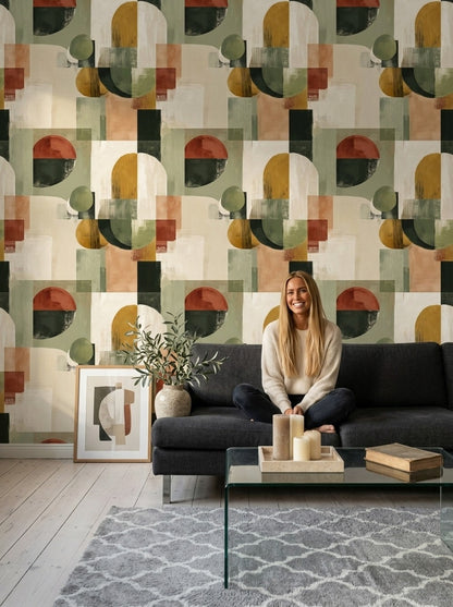 Mid-Century Modern Wallpaper Retro Removable Geometric Wall Decor