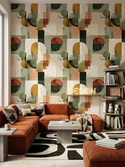 Mid-Century Modern Wallpaper Retro Removable Geometric Wall Decor