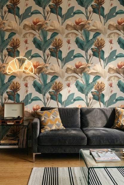 Oversized Flowers Wallpaper Botanical Teal Leaves Removable Wall Decor