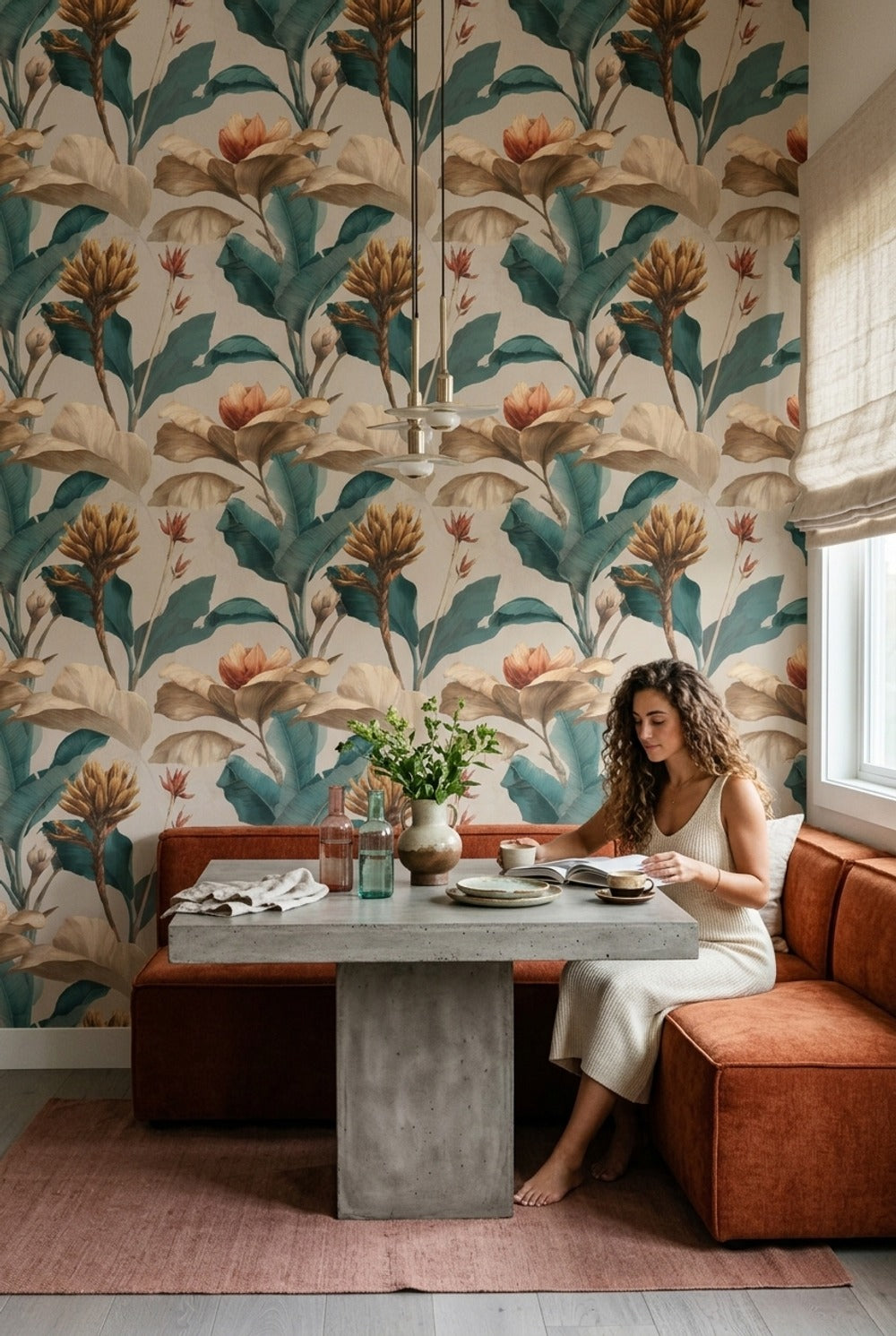 Oversized Flowers Wallpaper Botanical Teal Leaves Removable Wall Decor