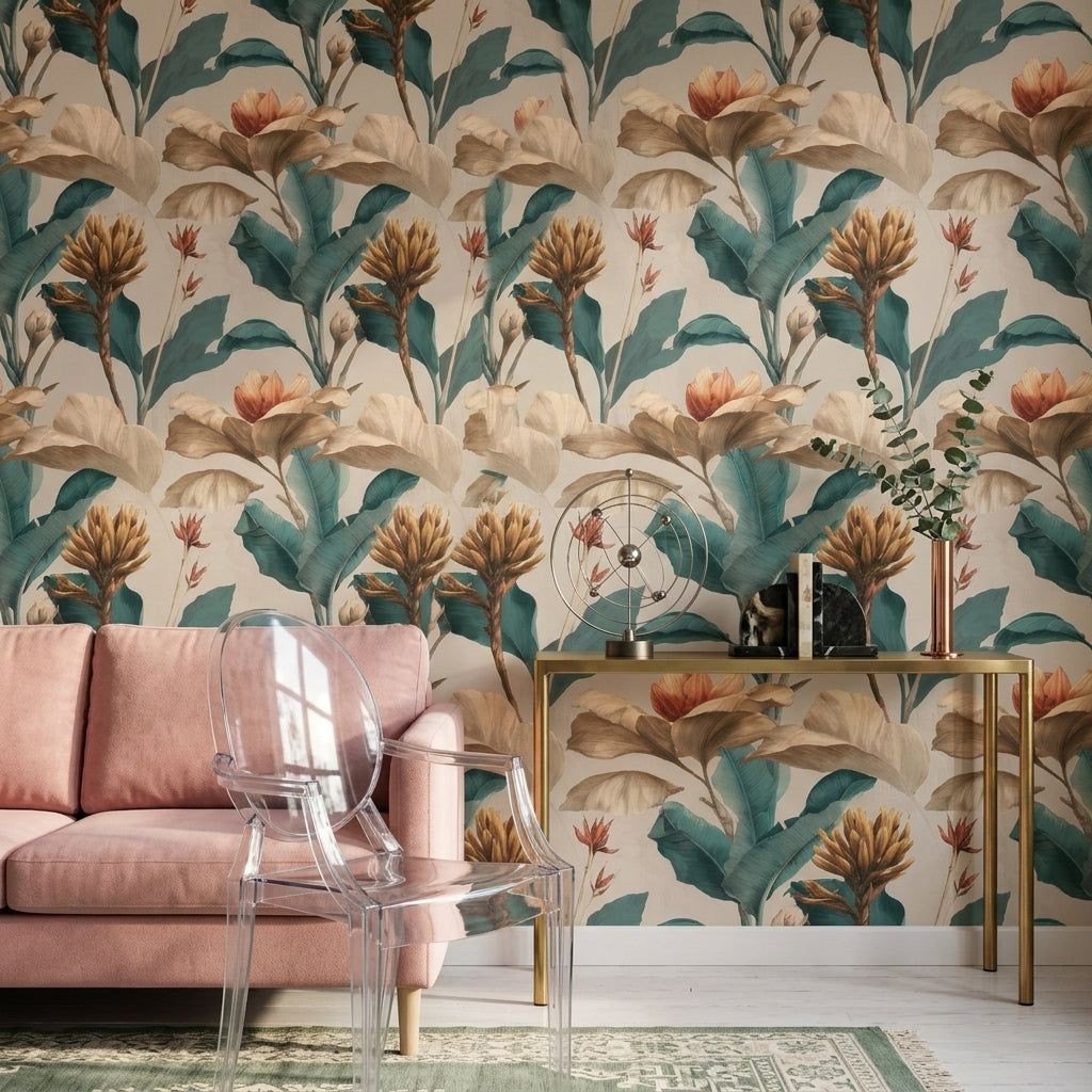 Oversized Flowers Wallpaper Botanical Teal Leaves Removable Wall Decor