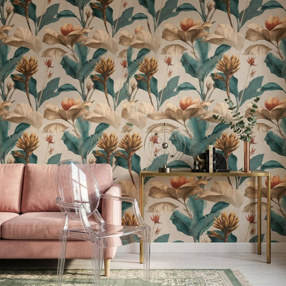 Oversized Flowers Wallpaper Botanical Teal Leaves Removable Wall Decor