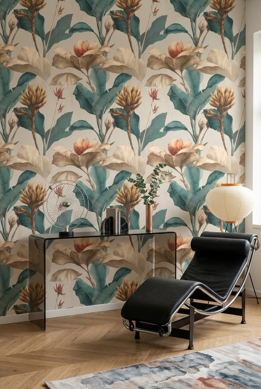 Oversized Flowers Wallpaper Botanical Teal Leaves Removable Wall Decor