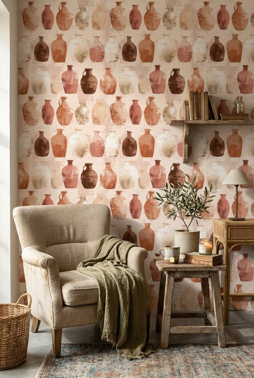 Terracotta Pottery Wallpaper Ceramic Vases Earthy Neutrals Removable Wall Decor