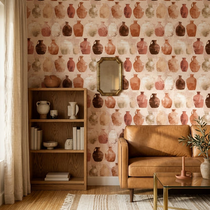 Terracotta Pottery Wallpaper Ceramic Vases Earthy Neutrals Removable Wall Decor