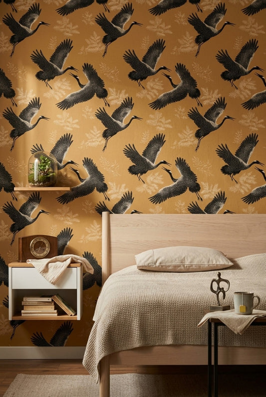 Cranes Wallpaper Flying Birds Removable Tan Background Wall Double Roll
