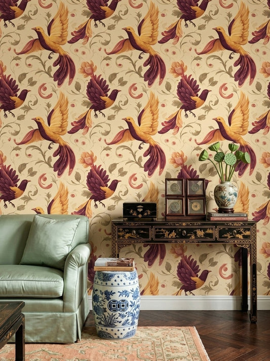 Vintage Bird Wallpaper Ornamental Floral Vines Beige Background Removable Wall Decor