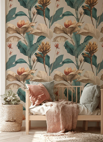Oversized Flowers Wallpaper Botanical Teal Leaves Removable Wall Decor