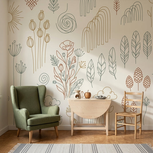 Minimalist Line Art Wallpaper Botanical Removable Scandinavian Wall Decor