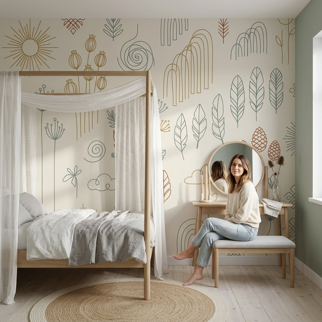 Minimalist Line Art Wallpaper Botanical Removable Scandinavian Wall Decor