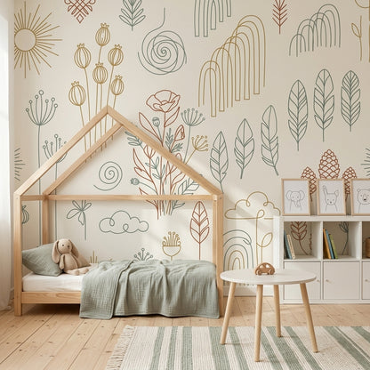 Minimalist Line Art Wallpaper Botanical Removable Scandinavian Wall Decor