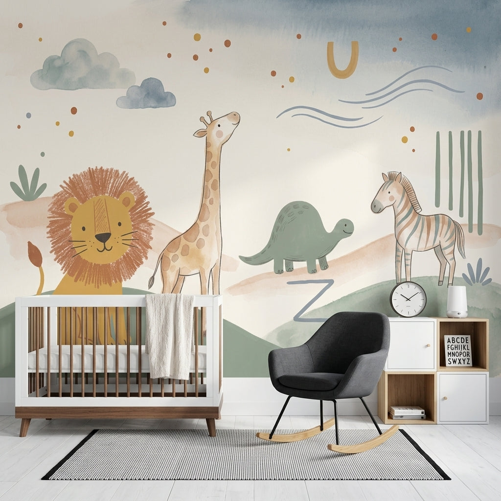Safari Animals Wallpaper Nursery Wallpaper Watercolor Wall Mural