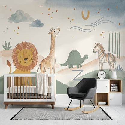 Safari Animals Wallpaper Nursery Wallpaper Watercolor Wall Mural