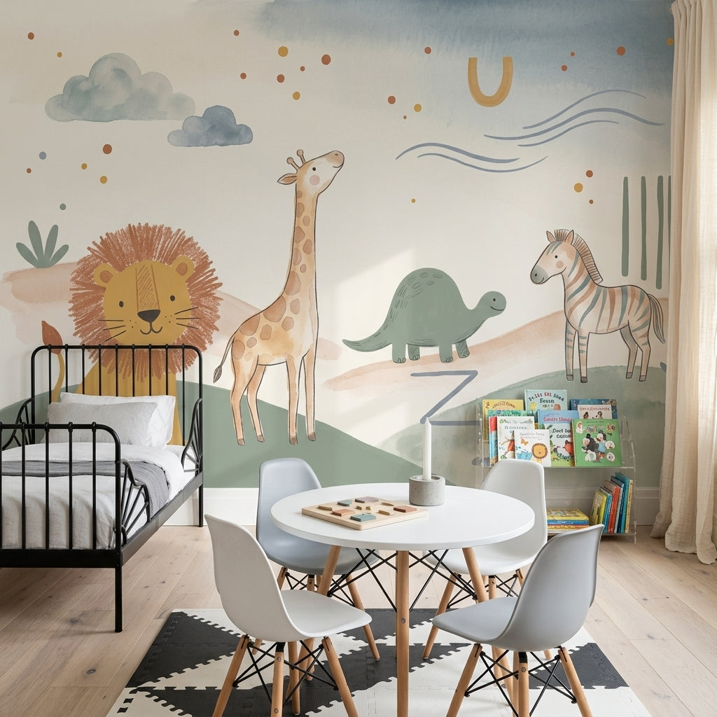 Safari Animals Wallpaper Nursery Wallpaper Watercolor Wall Mural